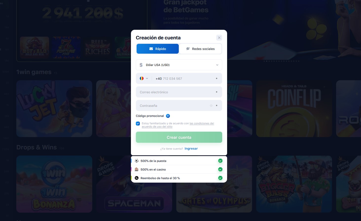 inscripción en el casino 1win